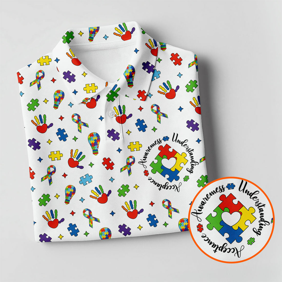 Awareness Understanding Acceptance Autism White Golf Shirt, Autism Awareness Colors Golf Shirts For Men