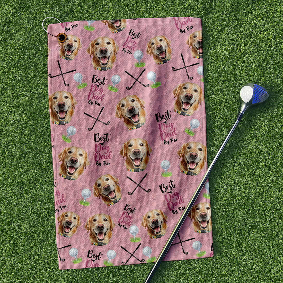 Best Dog Dad By Par Pink Golf Towel, Custom Pet Face Golf Towel, Christmas Golf Gift