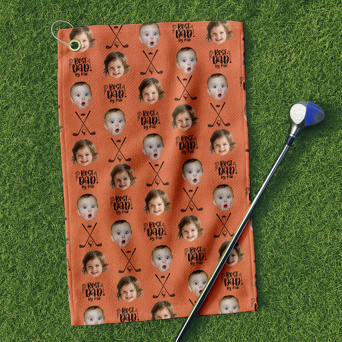 Best Dad By Par Orange Golf Towel, Custom Golf Towel With Kids Photo, Christmas Golf Gift