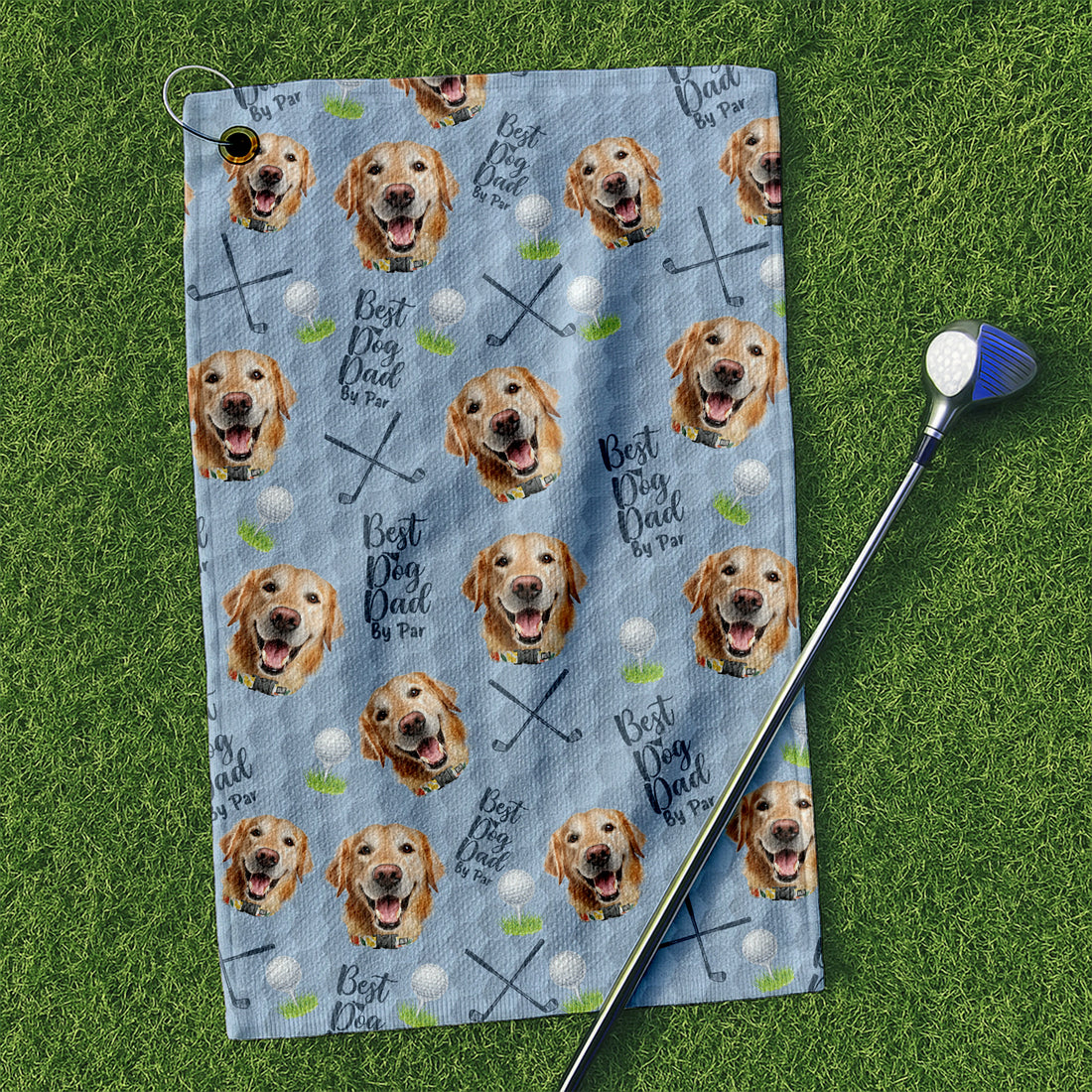 Best Dog Dad By Par Light Blue Golf Towel, Custom Pet Face Golf Towel, Christmas Golf Gift