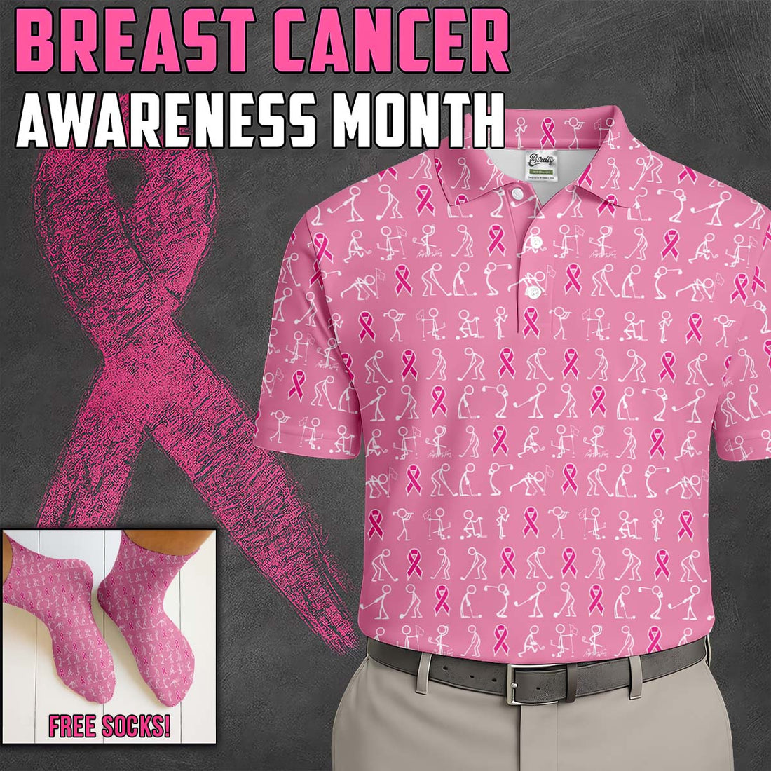 Funny Stick Figure Men's Golf Shirt With Socks Free, Breast Cancer Awareness Gift