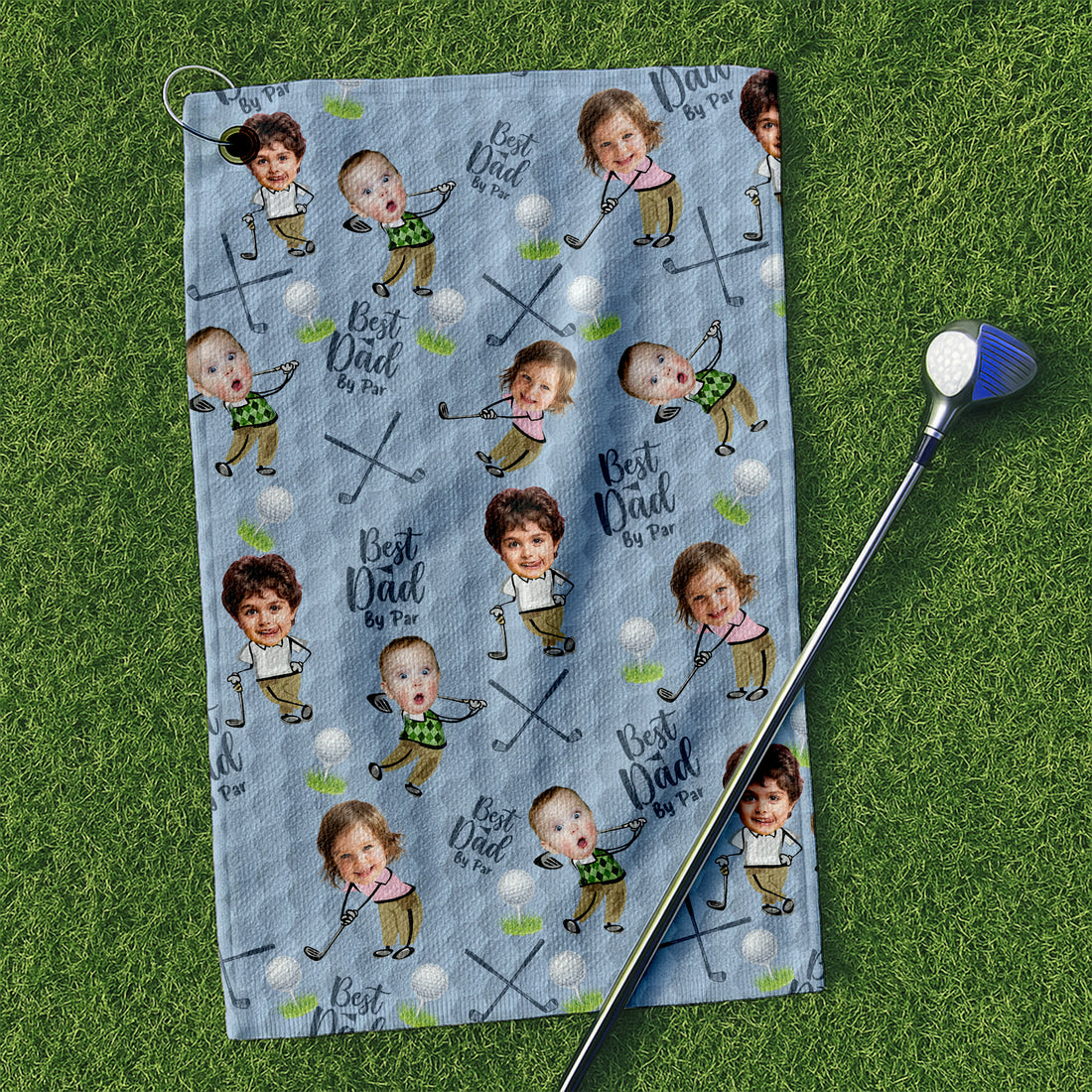 Custom Golf Towel With Kids Photo Best Dad By Par, Custom Photo Light Blue Towel, Christmas Golf Gift