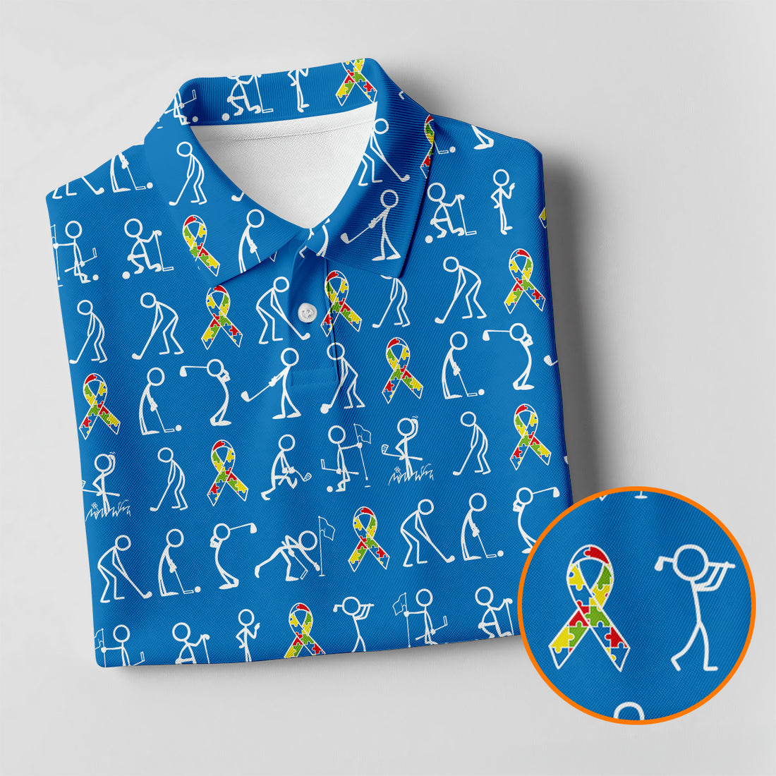 Stick Figure Golf Pose Autism Ribbon Blue Golf Shirt, Autism Awareness Colors Golf Shirts For Men