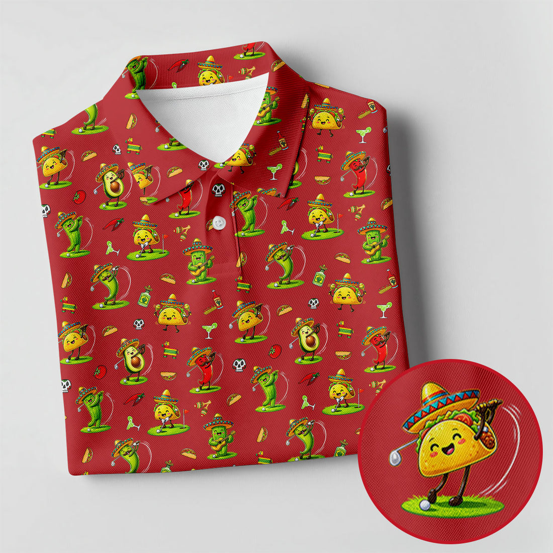 Mexican Cartoon Food Characters Cinco De Mayo Celebration Fiesta Themed Red Golf Shirts For Men