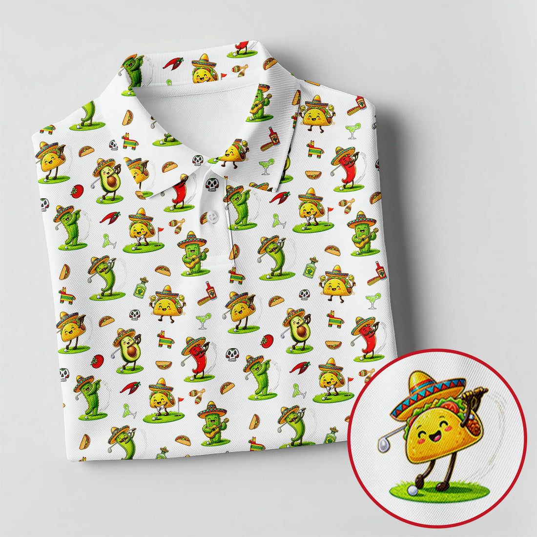 Mexican Cartoon Food Characters Cinco De Mayo Celebration Fiesta Themed White Golf Shirts For Men