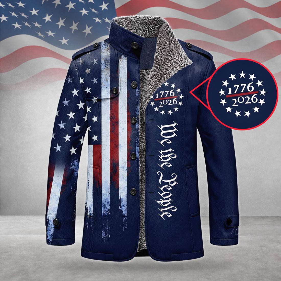 We The People 250 Years Distressed Flag Men's Cold Premium Weather Jacket, Leather Trench Coat