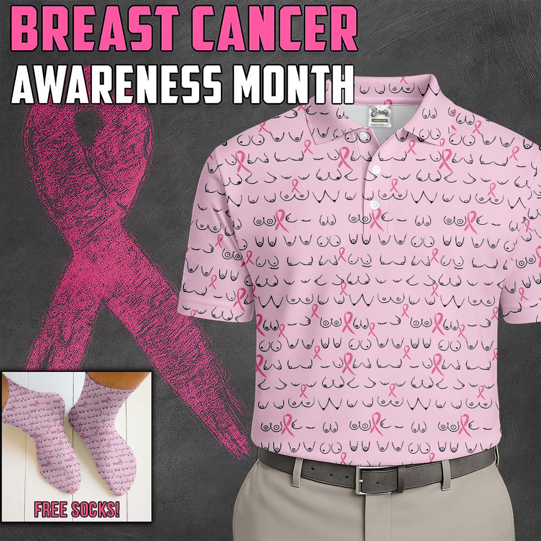 Funny Pink Men's Golf Shirt With Socks Free, Breast Cancer Awareness Gift