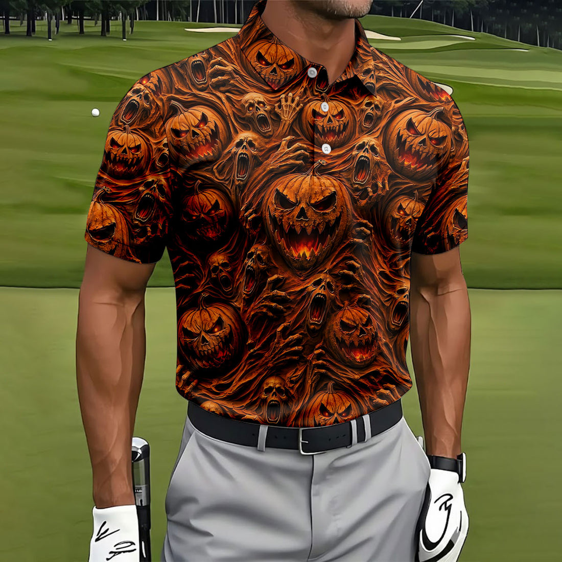 Halloween Evil Pumpkin Ghost Horror Character Polo Shirt, Golf Polo, Mens Golf Shirts