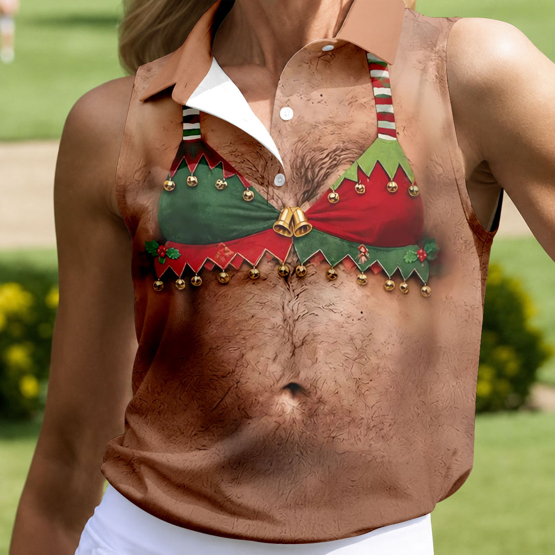 Funny Elf Bra Bells Christmas Golf Shirt, Women’s Golf Polo, Golf Tops For Women