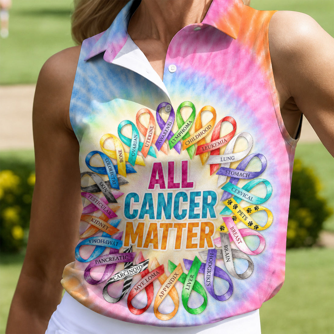 All Cancer Matter Colorful Ribbon Polo Shirt, Ladies Golf Tops, Printed Golf Shirt