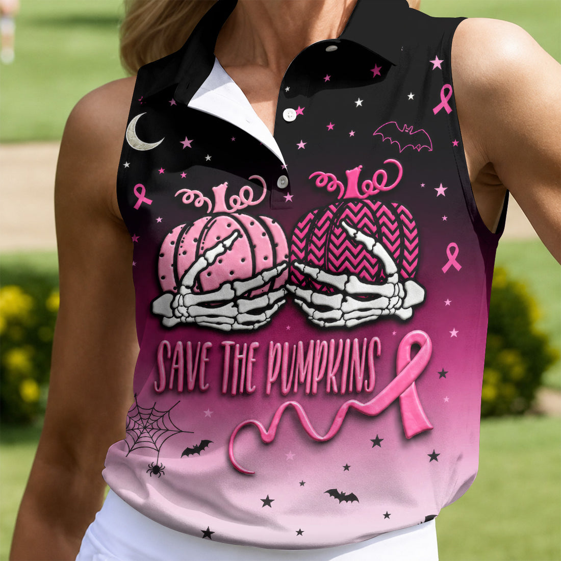 Save The Pumpkins Halloween Breast Cancer Golf Polo Shirt, Ladies Golf Shirts