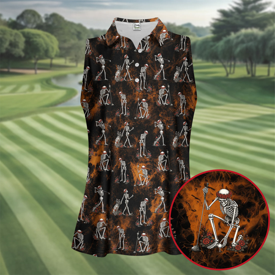 Skeleton Golfer Floral Halloween Polo Shirt, Hawaiian Golf Shirt, Ladies Golf Tops