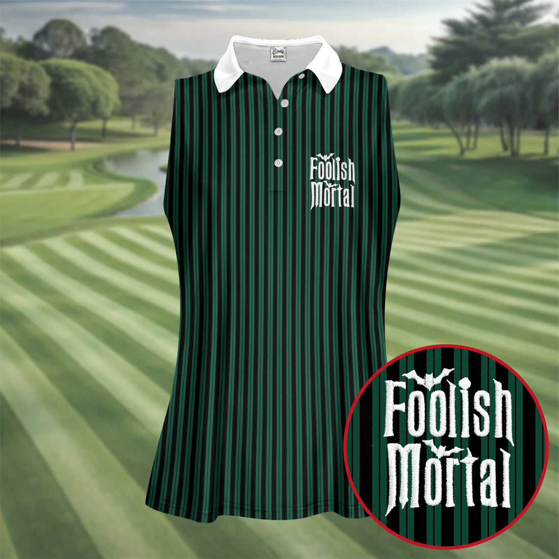 Green Foolish Mortal Striped Golf Polo Shirt, Golf Shirts For Women, Halloween Tops For Women