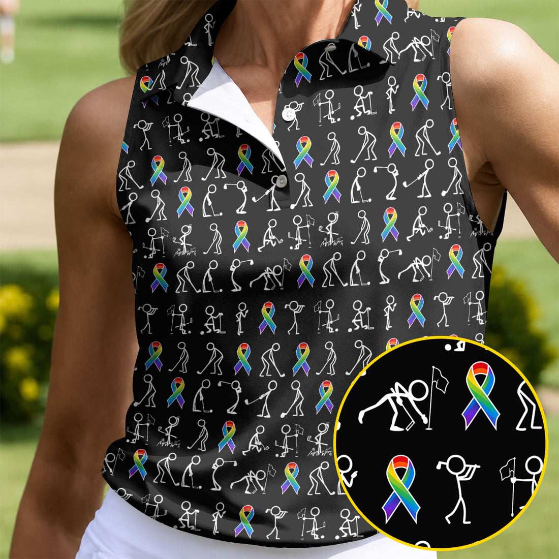 Rainbow Cancer Ribbon Stick Figure Golf Pattern Shirt, Women’s Golf Polo, Ladies Golf Tops