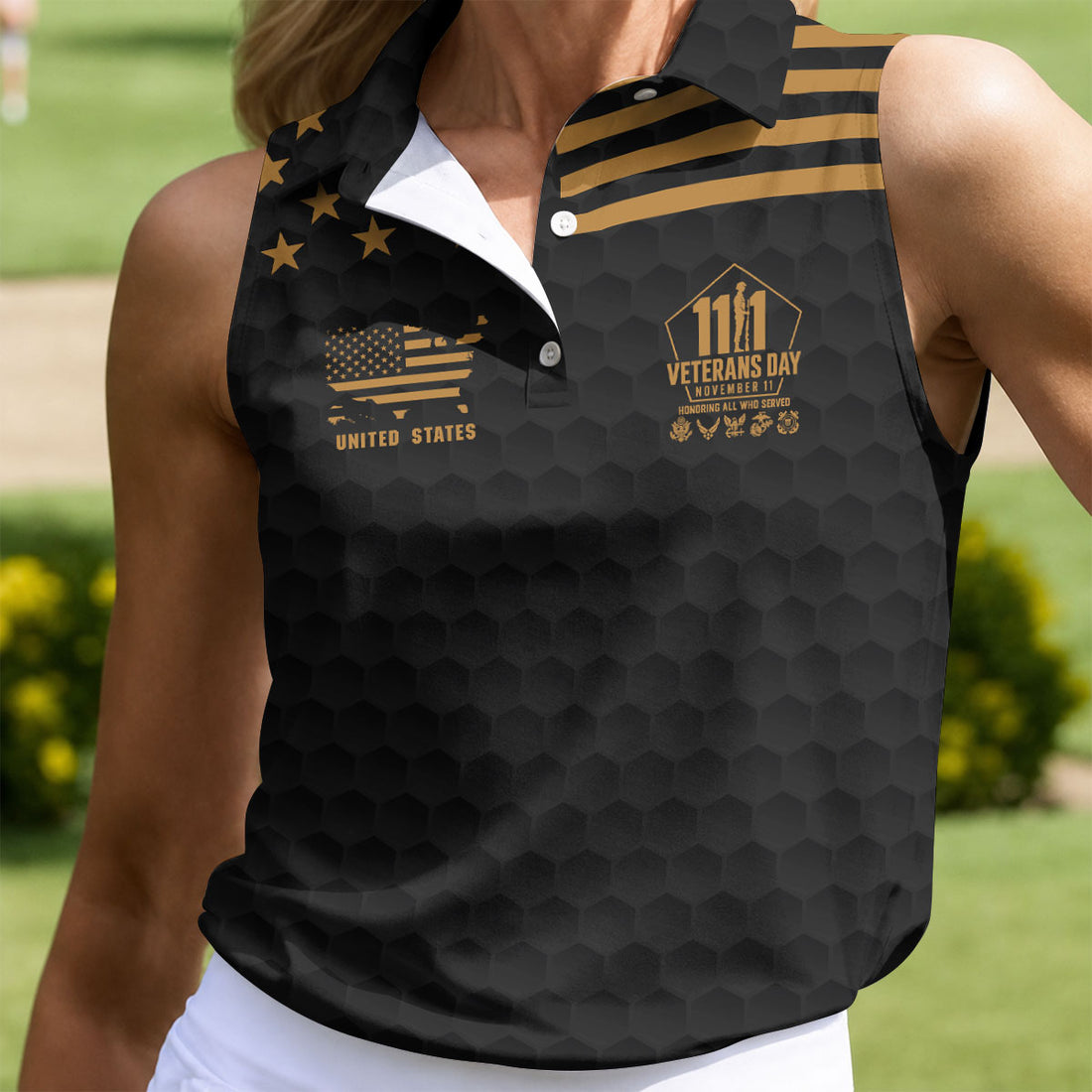 Custom Name Gold Star Veterans Day Polo Shirt, Womens Golf Polo, Golf Tops For Women