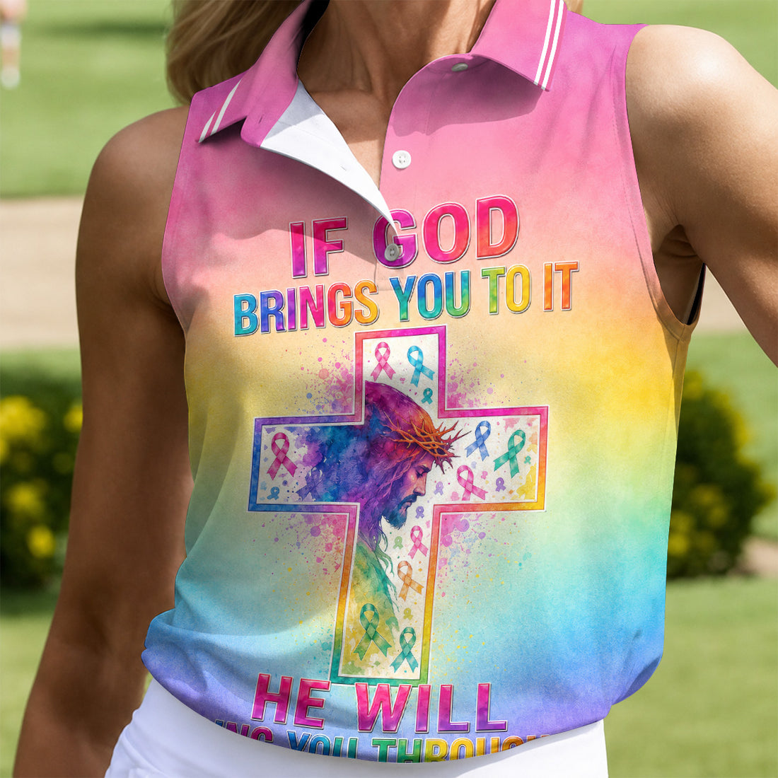 If God Brings You To It Cancer Cross Polo Shirt, Ladies Golf Tops, Printed Golf Shirt
