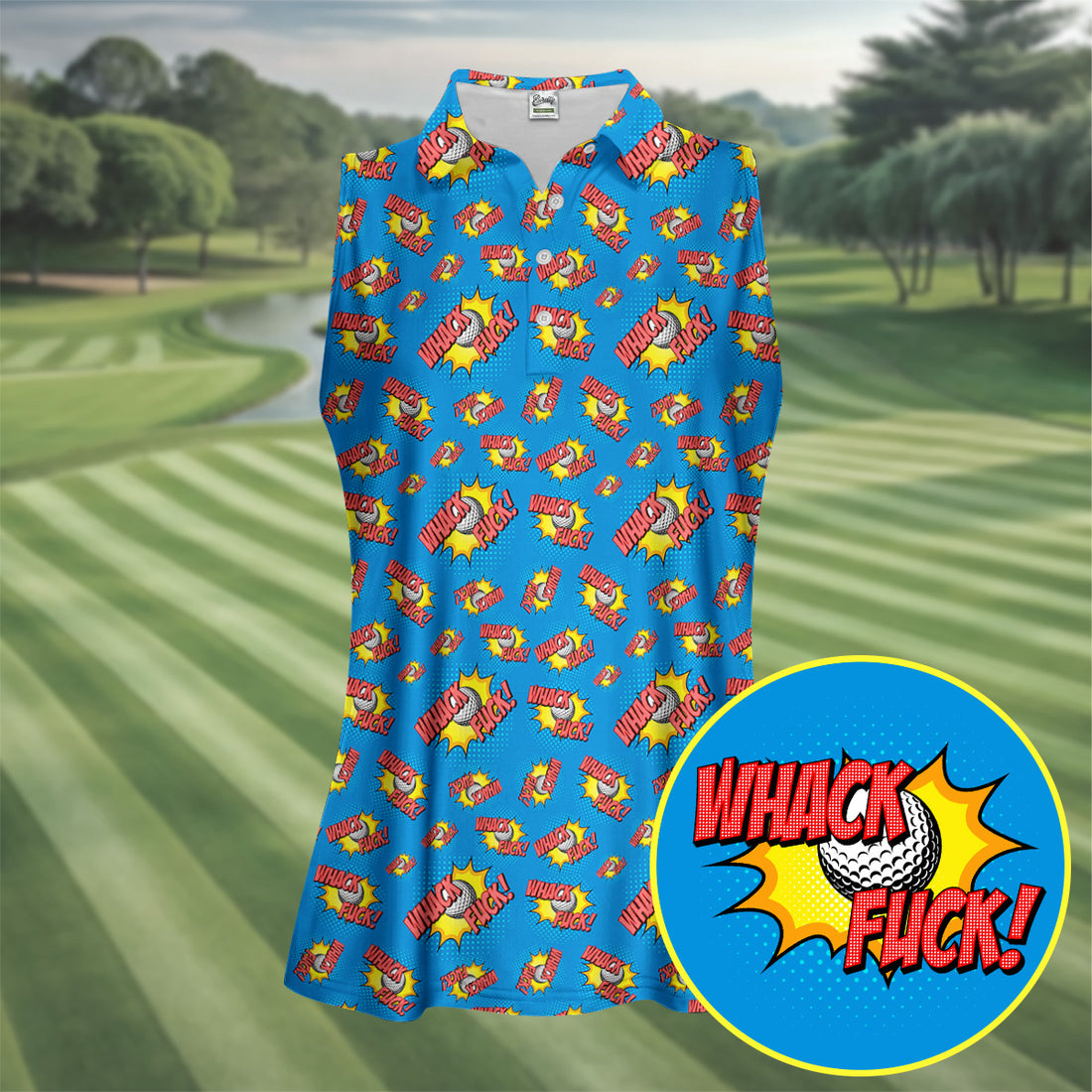 Whack F*ck Comic Golf Ball Blue Funny Polo Shirt, Ladies Golf Tops, Golf Polo For Women