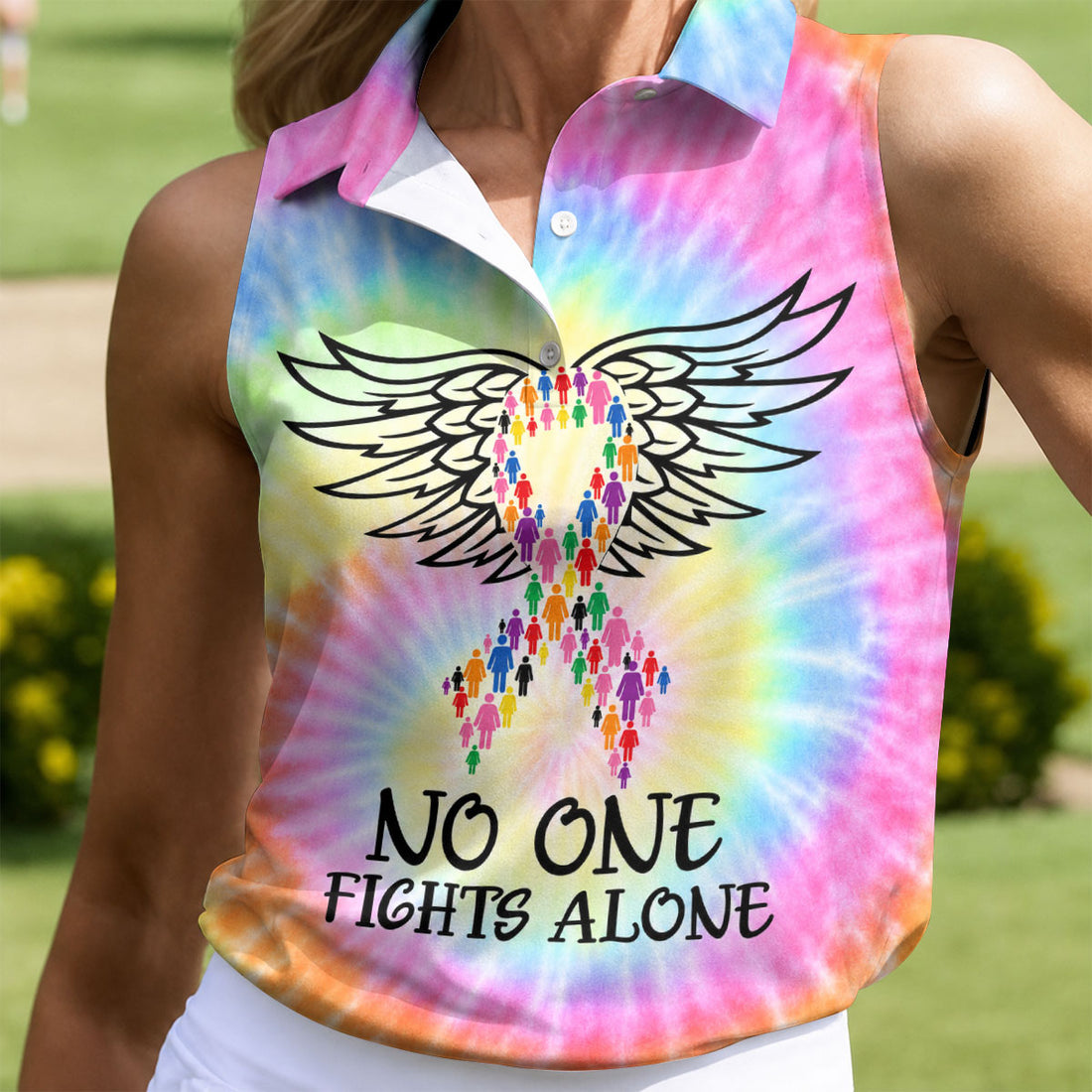 No One Fights Alone Cancer Ribbon Wings Polo Shirt, Women's Golf Polo, Ladies Golf Shirts