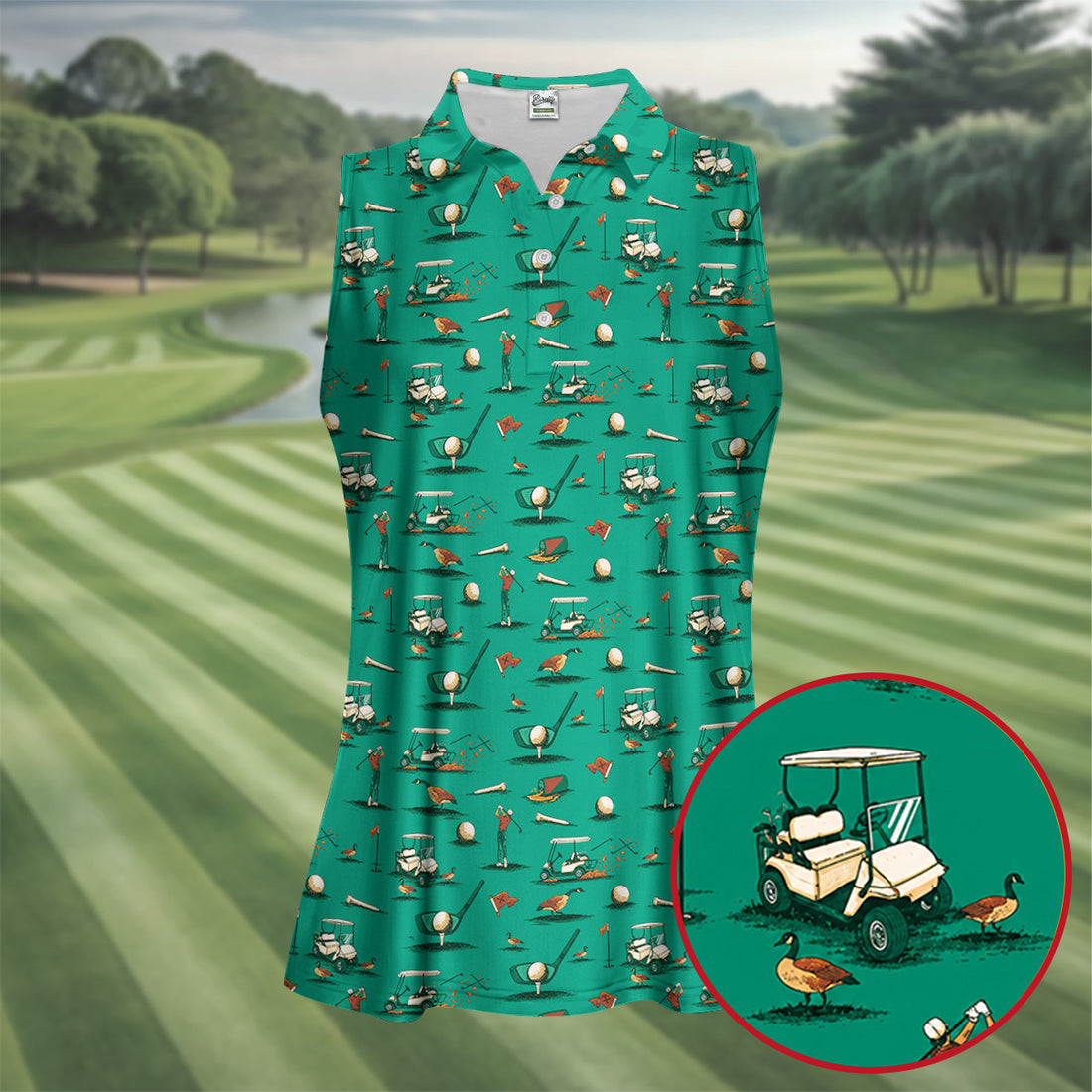 Funny Goose Golf Cart Pattern Green Polo Shirt, Womens Golf Tops, Golf Polo For Women