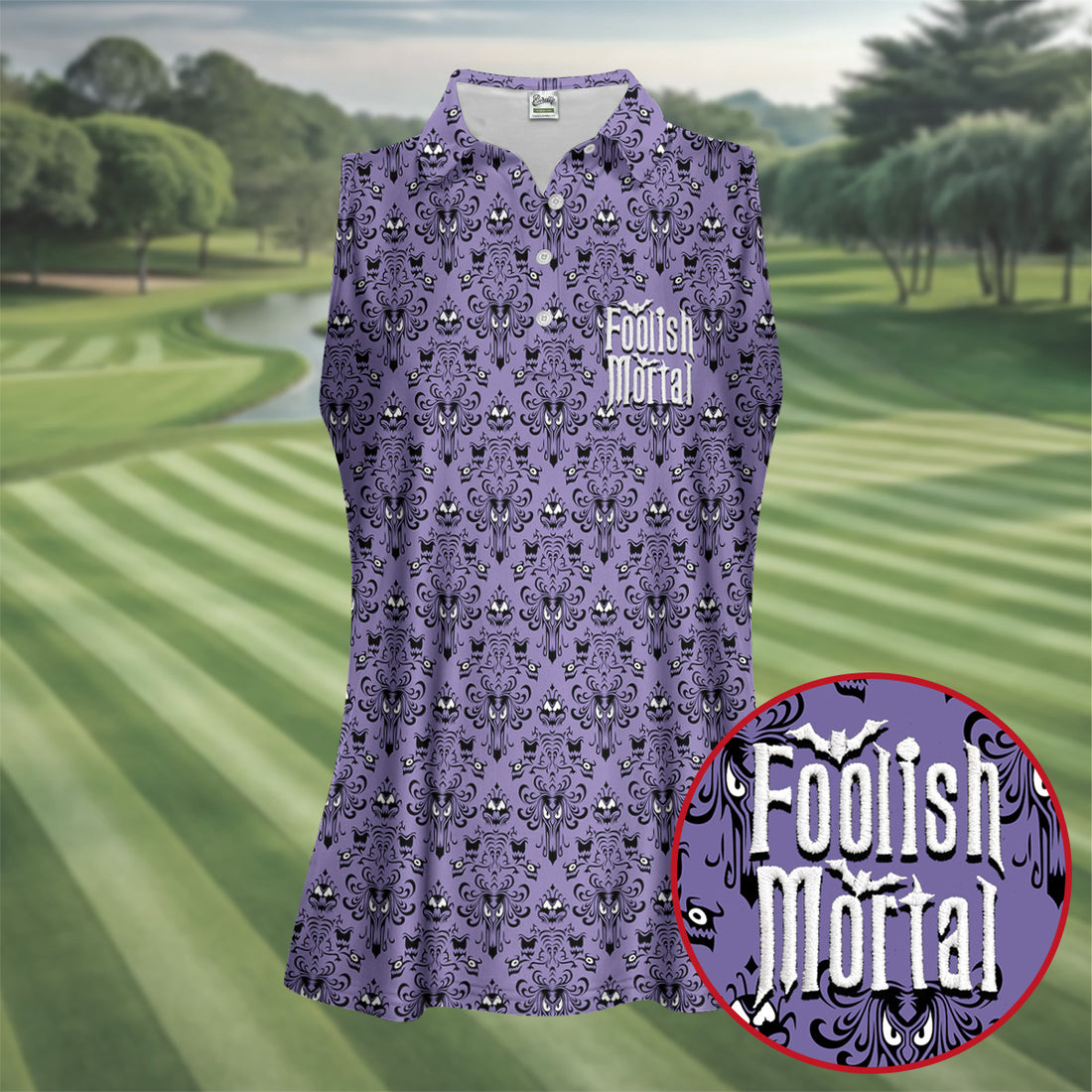Foolish Mortal Haunted Pattern Golf Polo Shirt, Women's Golf Apparel, Halloween Shirt