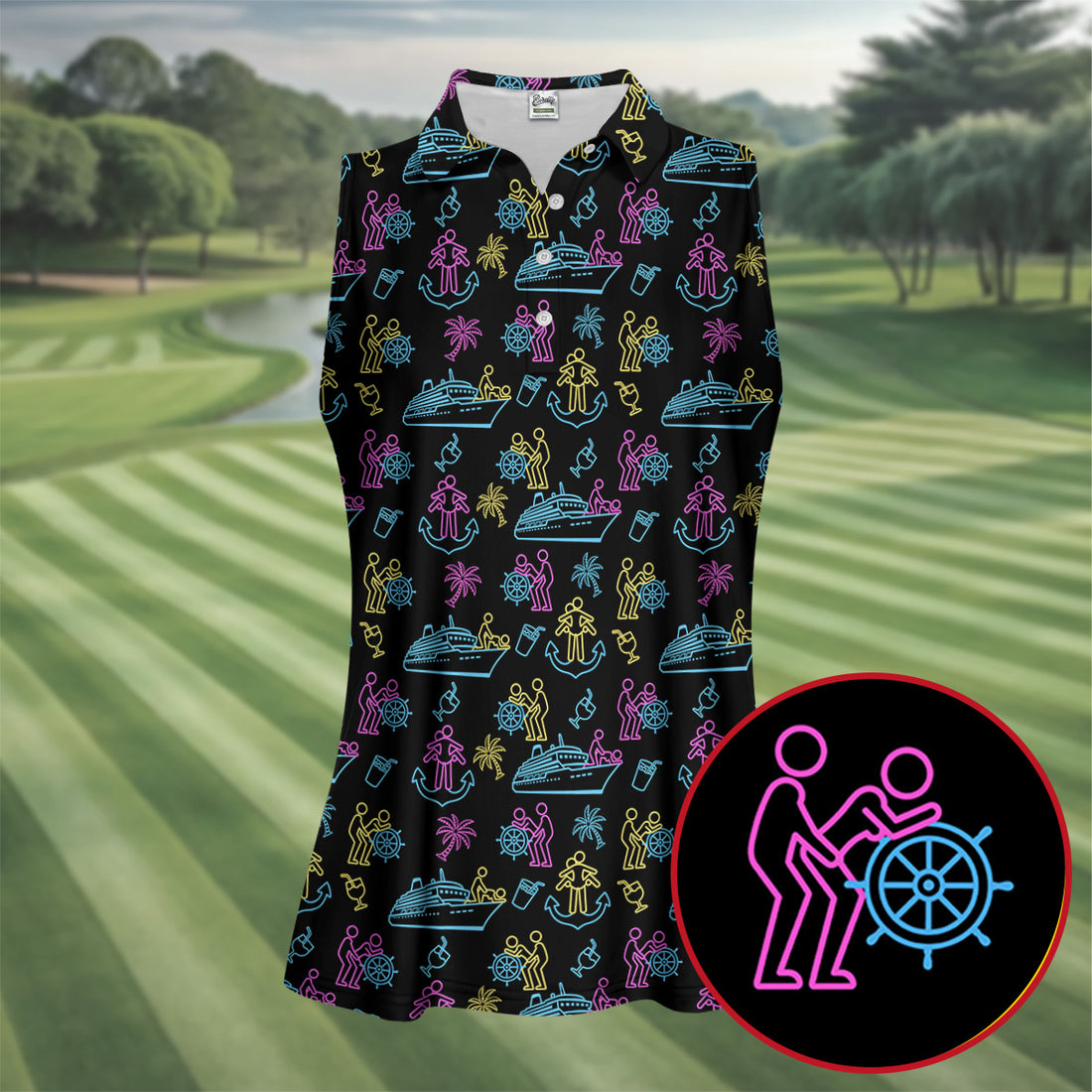Funny Adult Cruise Vacation Pattern Polo Shirt, Womens Golf Tops, Printed Golf Shirt