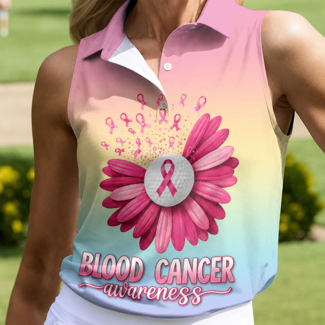 Blood Cancer Awareness Flower Golf Polo Shirt, Women's Golf Tops, Women's Golf Apparel