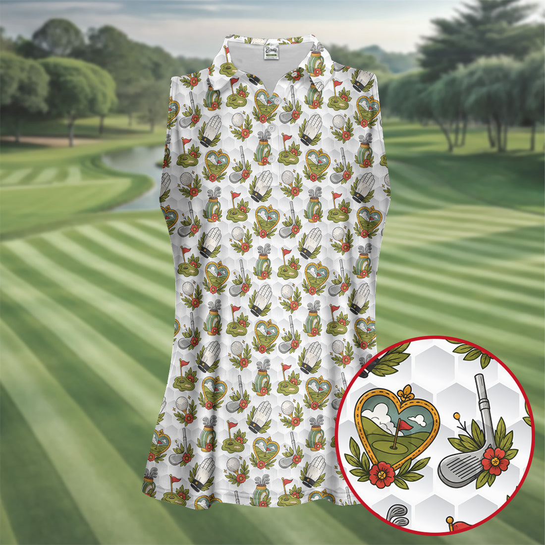 Floral Golf Club Pattern White Hawaiian Golf Shirt, Women's Golf Tops, Golf Polo For Women