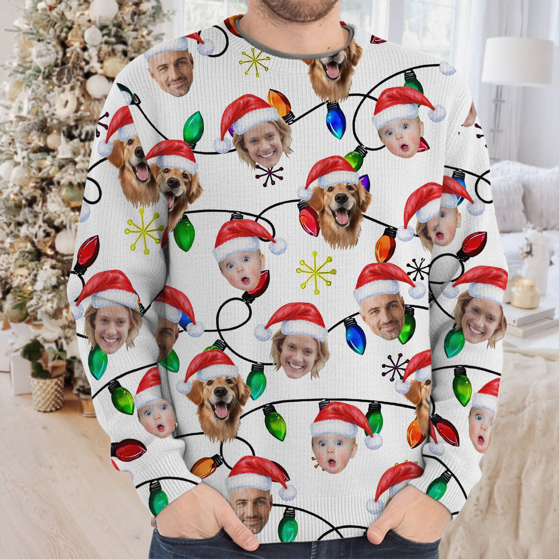 Custom Family Portrait Christmas Lights Pattern Vintage Print Ugly Sweater, Christmas Golf Shirt, Golf Sweater