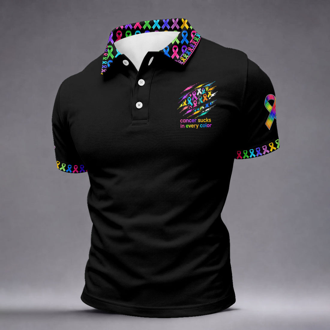 Cancer Sucks In Every Color Awareness Ribbon Polo Shirt, Golf Polo Shirts For Men