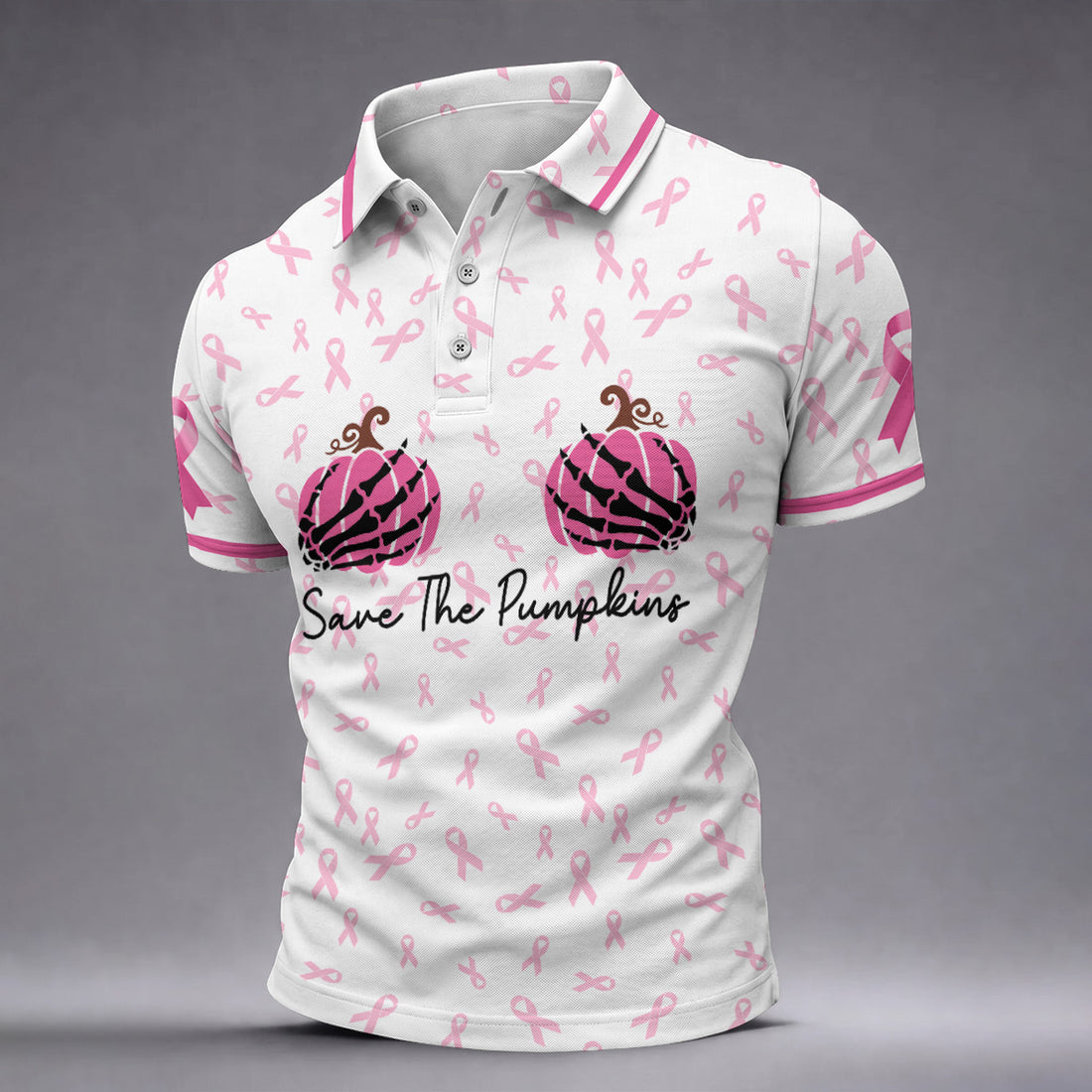 Save The Pumpkins Breast Cancer Ribbon Polo Shirt, Mens Golf Polo, Golf Apparel For Men