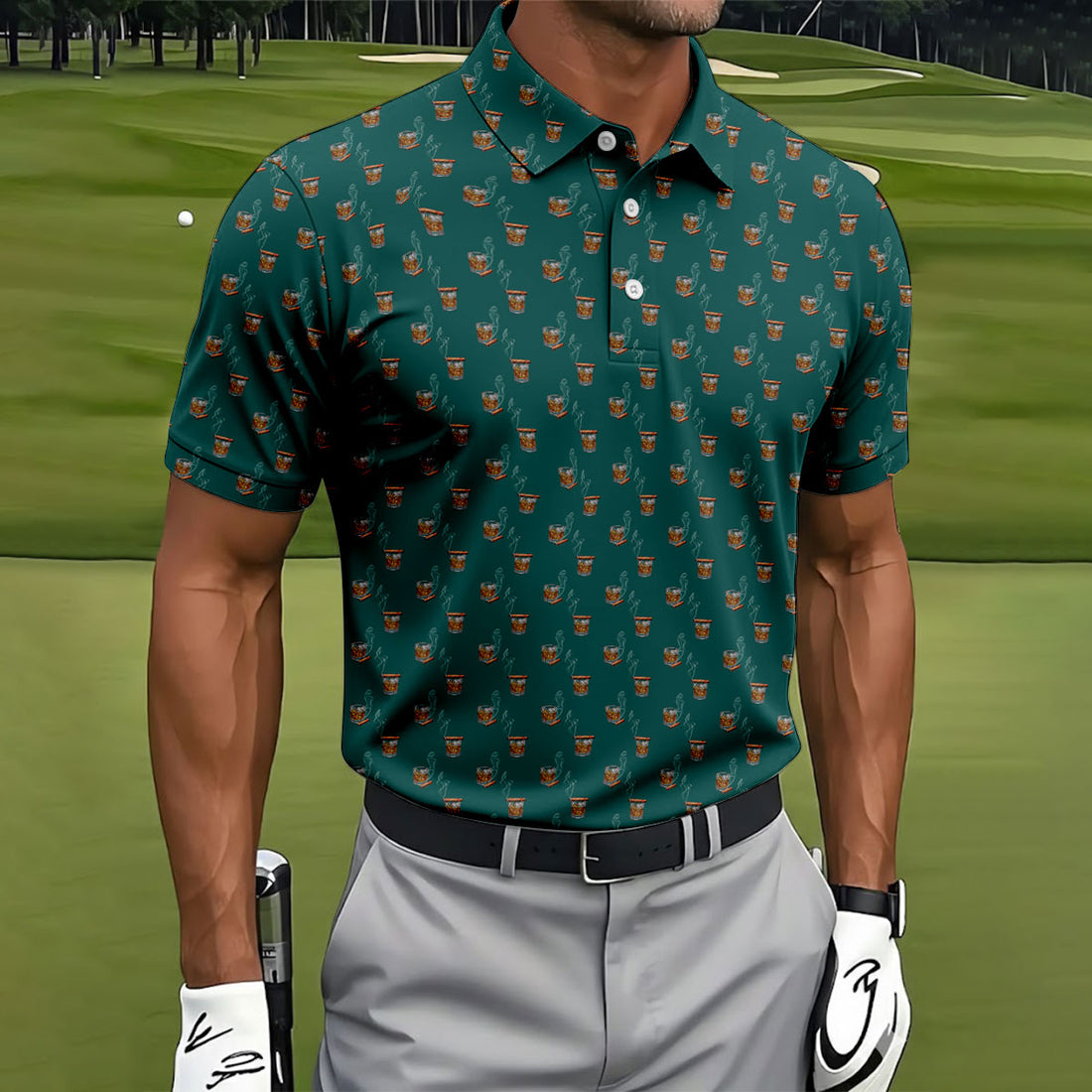 Smoke Whiskey Green Golf Shirt, Golf Whiskey Polo Shirts For Men, Golf Shirts For Men