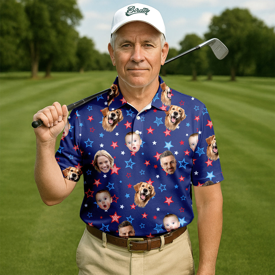 Custom American Flag Shirts With Faces, Men's Fourth Of July Shirt, Men's Golf Polo Shirt, USA Golf Shirt