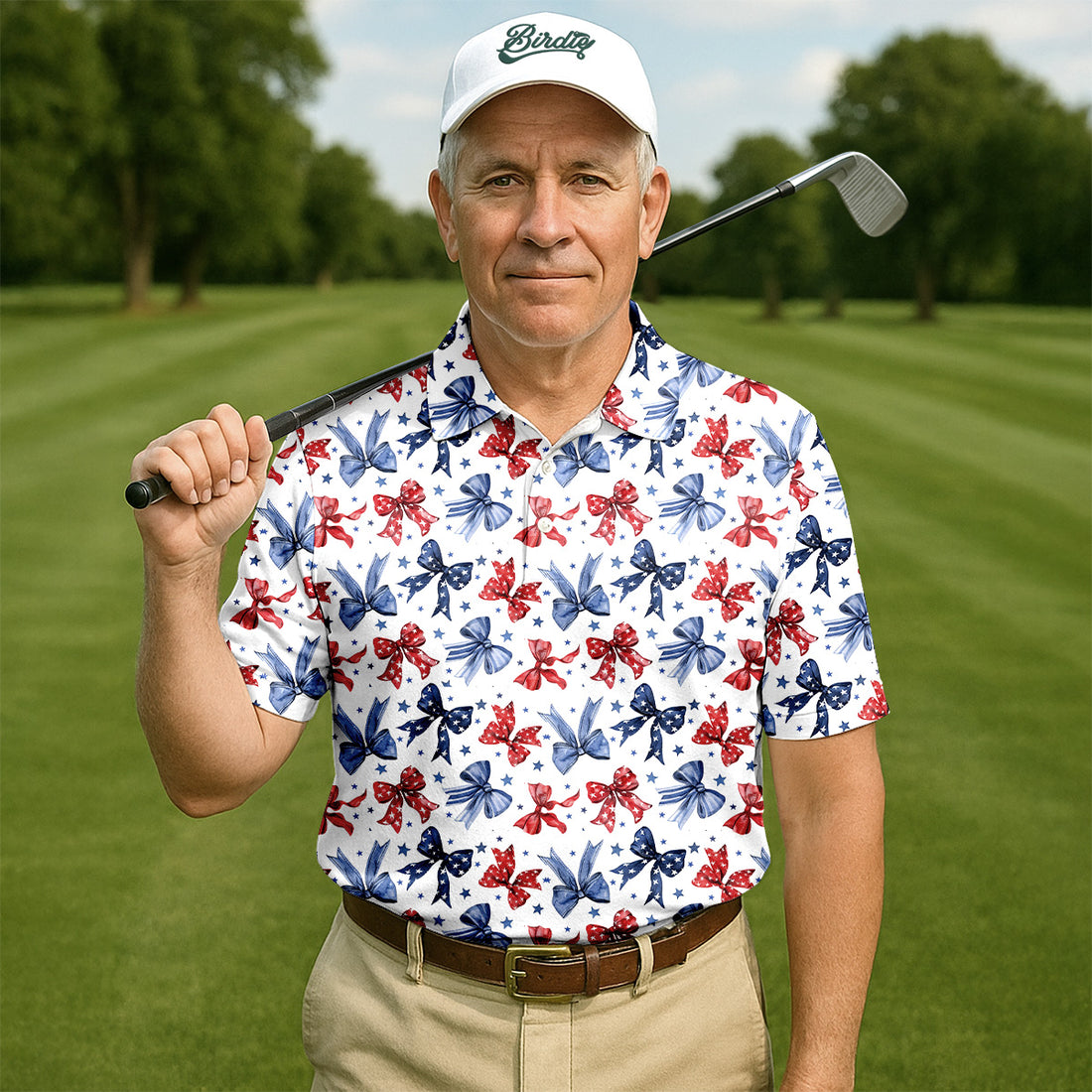 Red White & Blue Bows Shirt, Men's 4th Of July Shirts, Funny Mens Golf Polo Shirt, Gift For Golfing Dad