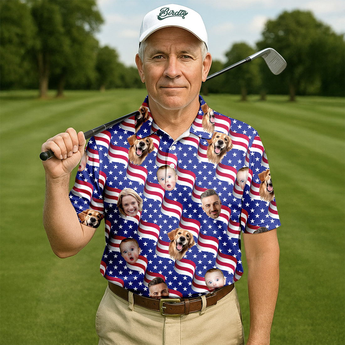 Funny 4th Of July Personalized Face Shirts, Men's Golf Polo Shirt, Patriotic Golf Polo Shirt, Dad Golf Gift