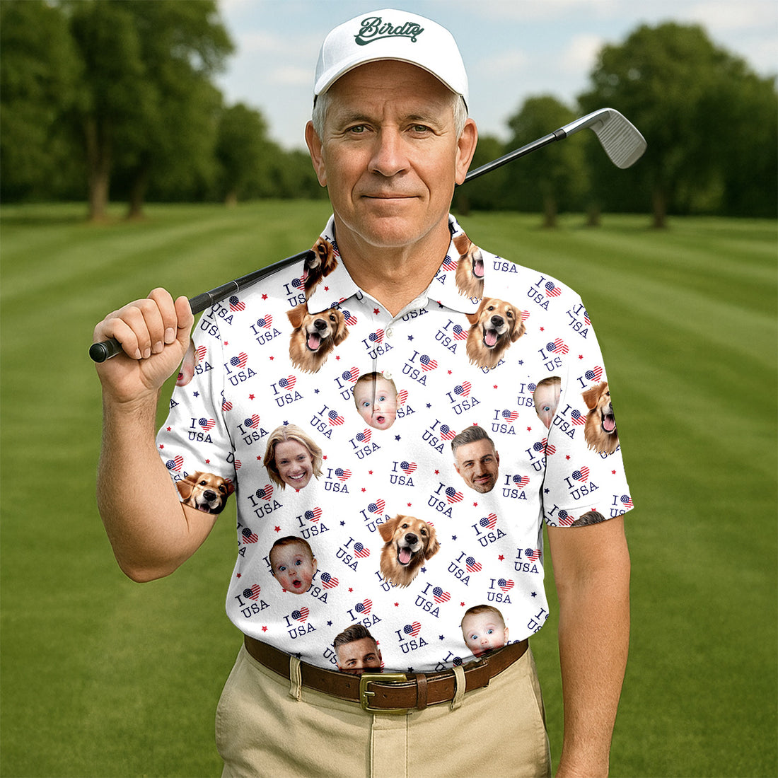 I Love USA Personalized Face Shirts, Men's Golf Polo Shirt, Patriotic Golf Polo Shirt, 4th Of July Shirt, USA Golf Shirt