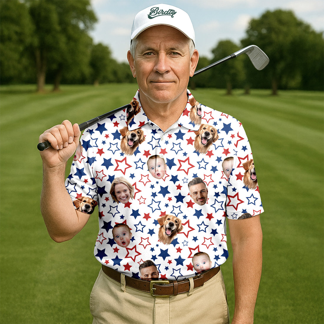 America Flag Custom Shirts With Faces, Men's Golf Polo Shirt, USA Golf Shirt, Patriotic Golf Polo Shirts