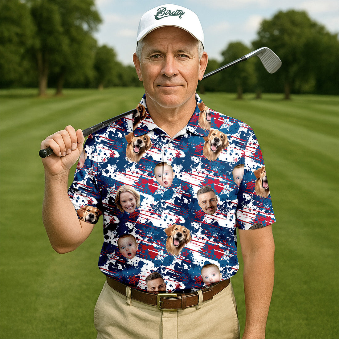 Patriotic Golf Polo Shirt, Custom Face Shirt, Men's Golf Polo Shirt, Fourth Of July Shirts, Gifts For The Golfing Dad