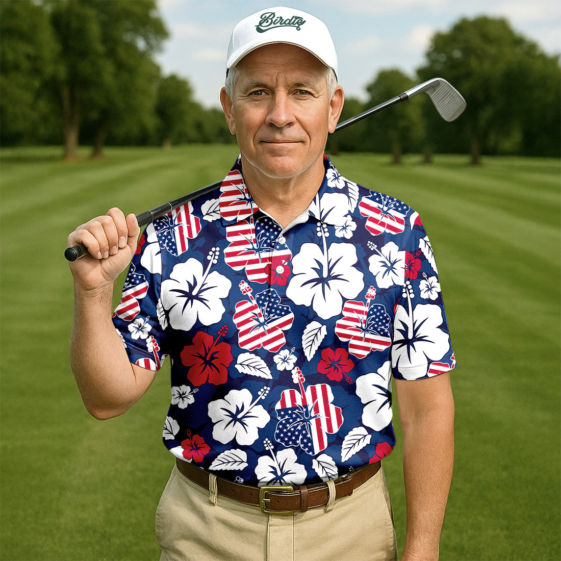 Tropical Hibiscus American Flag Mens Golf Polo Shirt, Mens 4th Of July Shirts, Custom Mens Golf Shirt