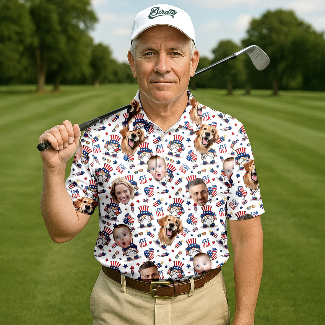 Love USA 4th Of July Custom Face Shirts, Men's Golf Polo Shirt, Patriotic Golf Shirt, USA Golf Shirt