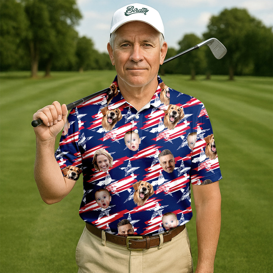 Independence Day Custom Shirts With Face, Men's Golf Polo Shirt, America Flag Golf Shirt, USA Golf Shirt