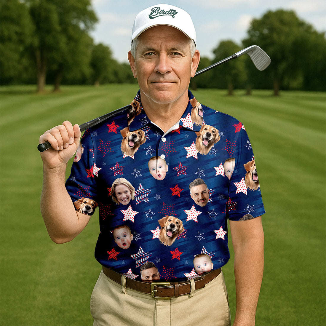 American Flag Custom Shirts With Face, Men's Golf Polo Shirt, Patriotic Golf Shirt, USA Golf Shirt