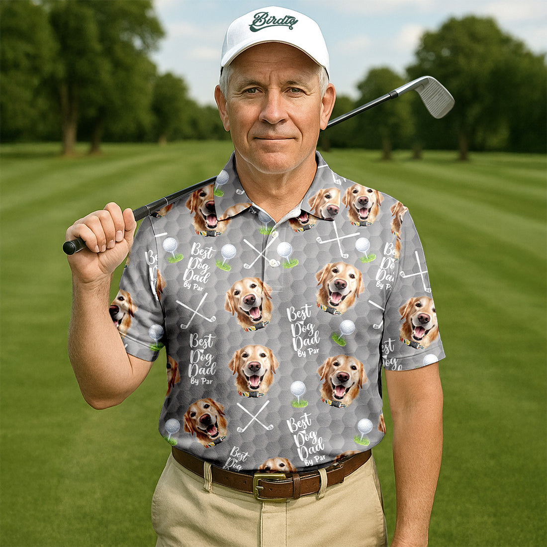 Best Dog Dad By Par Grey Custom Face Golf Shirt, Funny Golf Polo Shirt, Dad Golf Gifts
