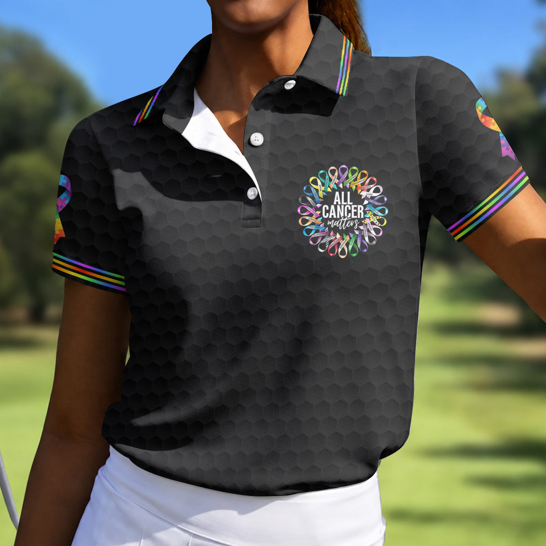 All Cancer Matters Multicolor Ribbon Golf Polo Shirt, Womens Golf Tops, Golf Shirts For Women