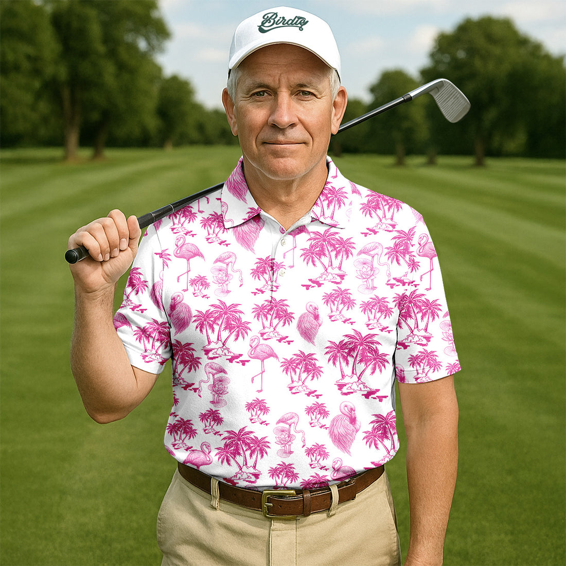 Funny Flamingo Coconut Men Polo Shirt, Fun Golf Polos For Men, Golf Shirts, Dad Golf Gift, Polo Golf