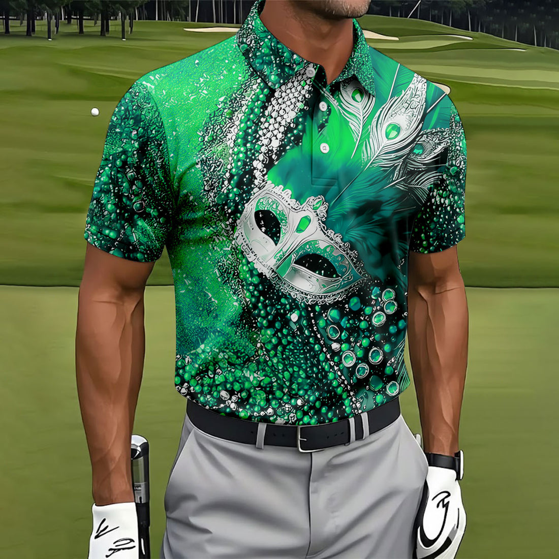 Mardi Gras Masquerade Mask Feather Beads Green Golf Shirt, Polo Shirts For Men, Golf Shirts For Men