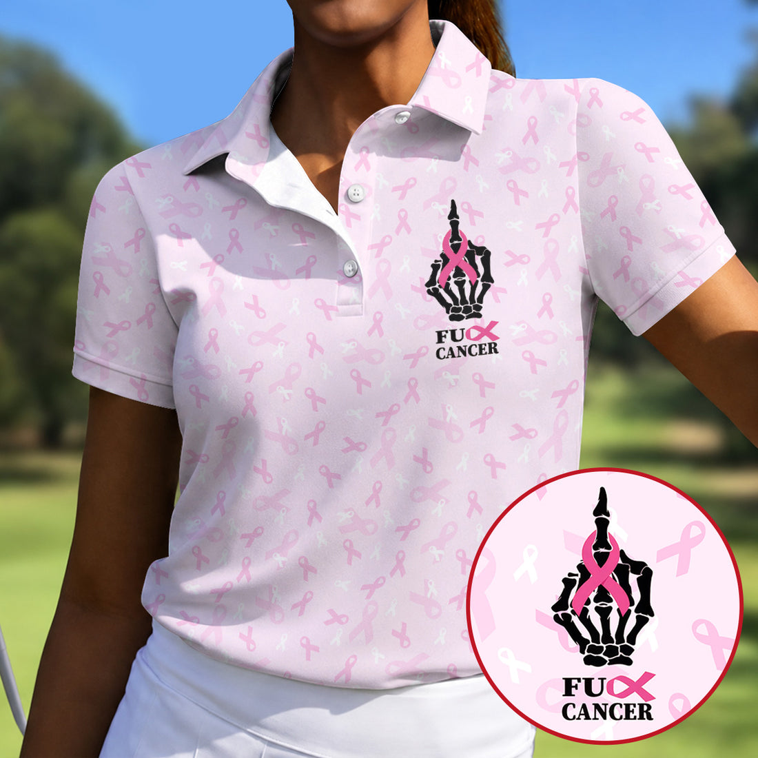 F*ck Cancer Skeleton Hand Breast Cancer Polo, Ladies Golf Shirts, Golf Tops For Women