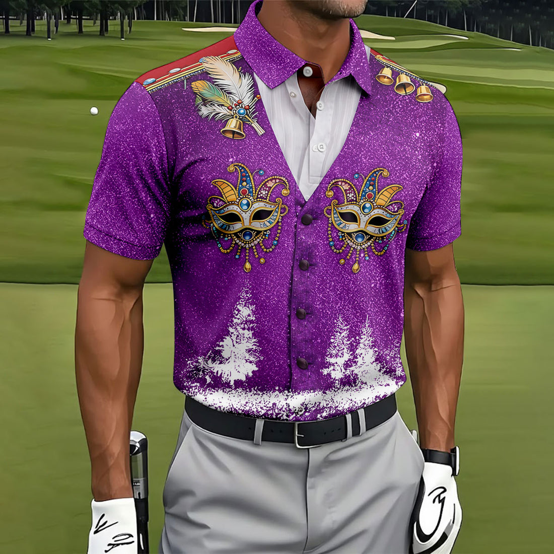 Masquerade Mask Feather Mardi Gras Glitter Print Purple Golf Shirt, Polo Shirts For Men, Golf Shirts For Men