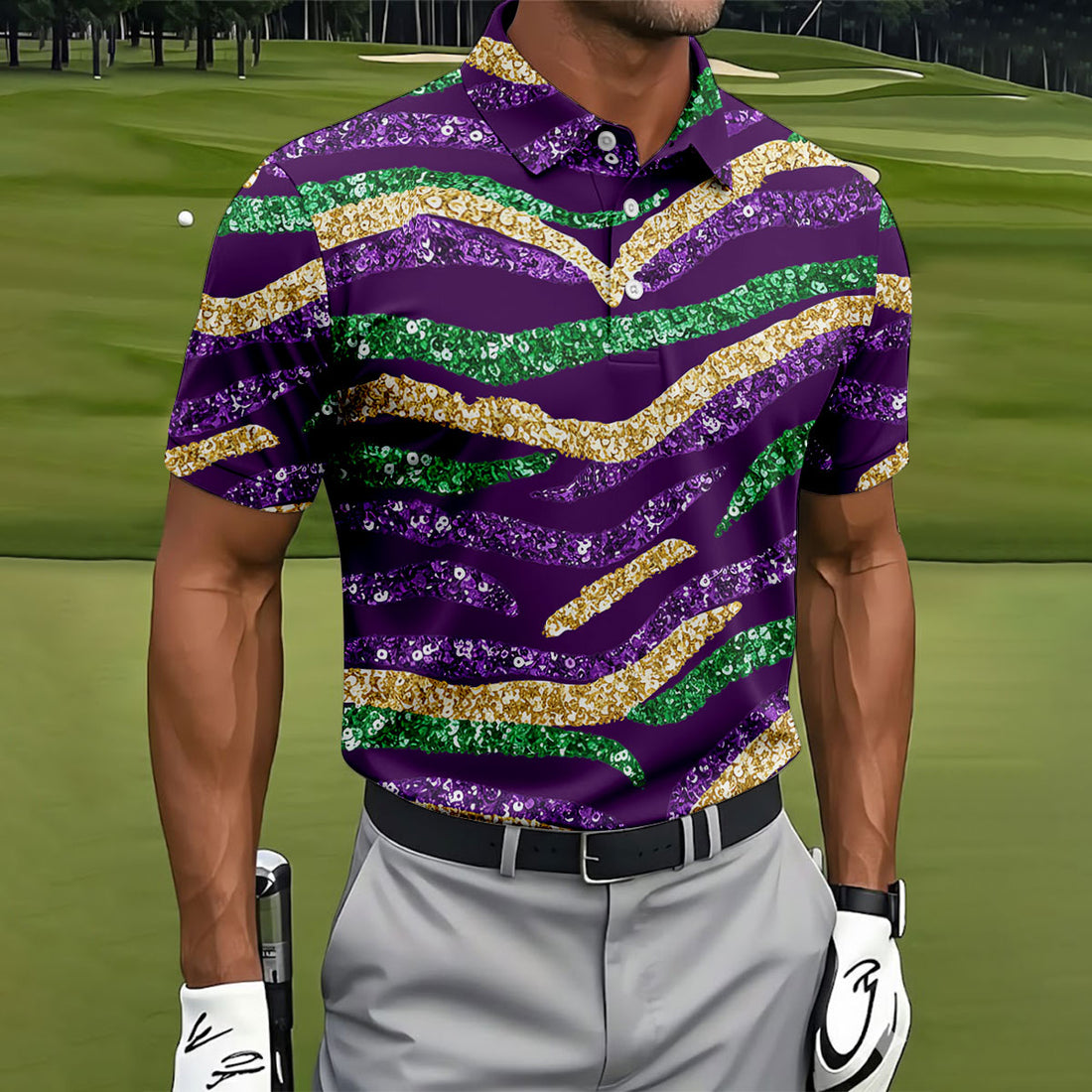 Purple Green Gold Sequin Pattern Purple Golf Shirt, Mardi Gras Golf Shirt, Polo Shirts For Men