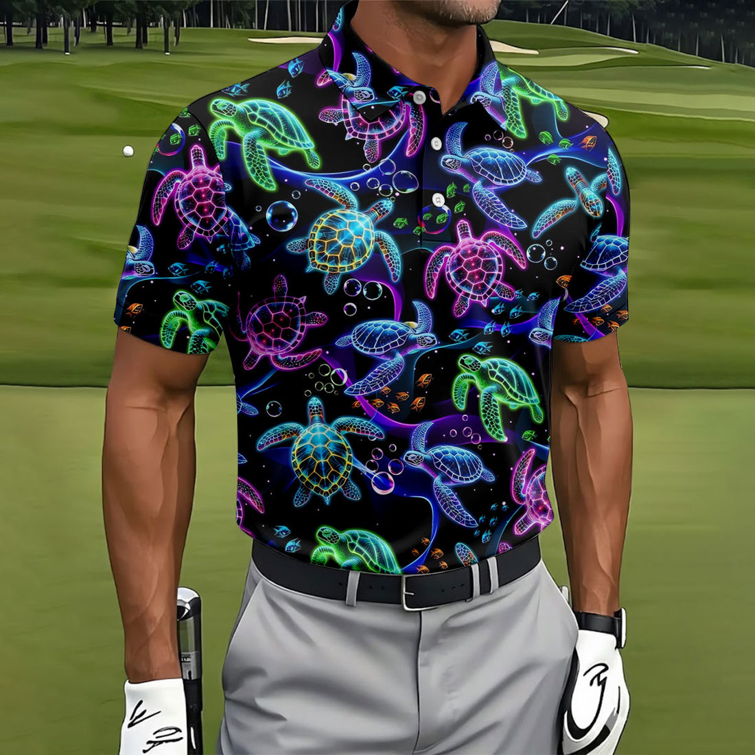 Neon Sea Turtle Ocean Pattern Hawaiian Golf Polo Shirt, Mens Golf Polo, Printed Golf Shirts