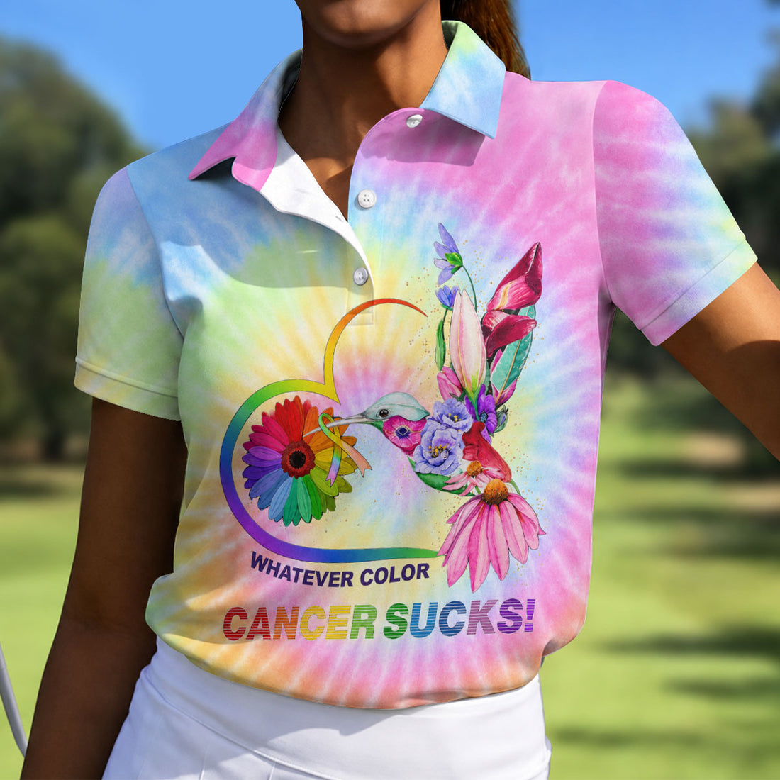 Whatever Color Cancer Sucks Hummingbird Polo Shirt, Golf Shirts For Women, Ladies Golf Top